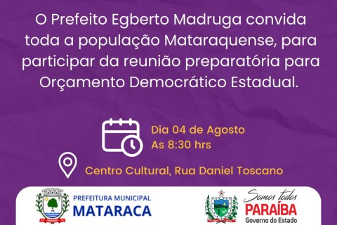 Reunião preparatório para o orçamento democrático em Mataraca acontecerá nesse sexta-feira 04 de agosto